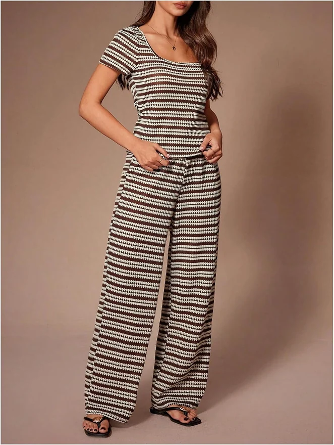 Pajama Sets Lounge Set Striped Knit Short Sleeve Top and Pants by OYOANGLE, photograph 2 of 3