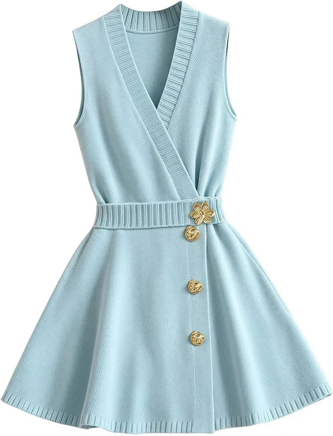 Sleeveless Sweater Dress Wrap V Neck Button Knit A Line Short by OYOANGLE, photograph 4 of 4