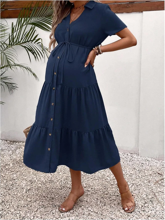 Maternity Button Belted Dress Dark Blue by OYOANGLE