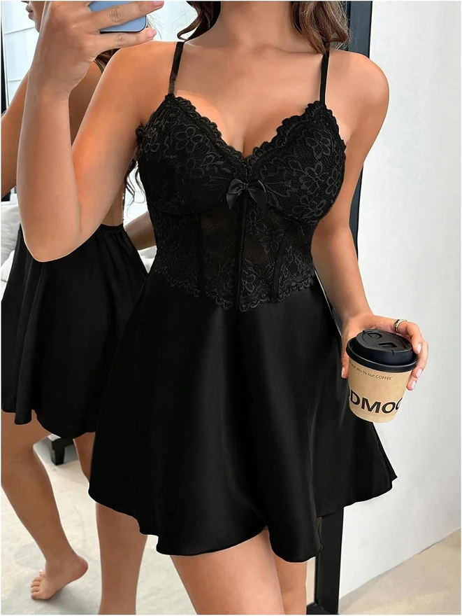 Floral Lace Satin Slip Dress Corset Mini Nightgowns Black by OYOANGLE, photograph 3 of 4