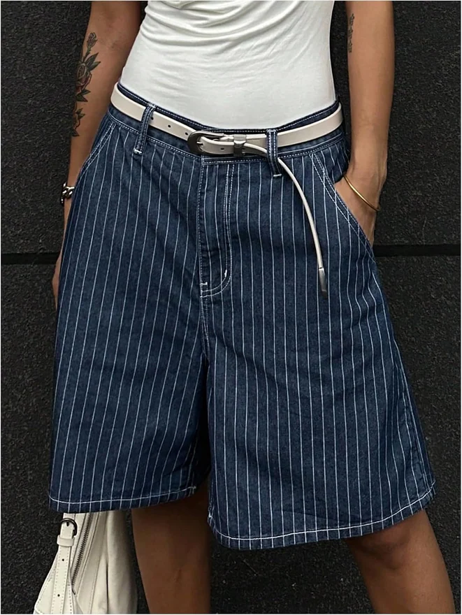 Striped Jorts Retro Wide Leg Bermuda Jean Shorts Y2K Baggy Cargo by OYOANGLE, photograph 3 of 4