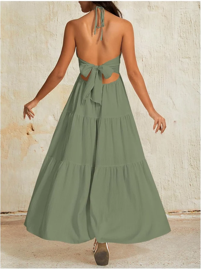 Summer Beach Halter Sundress Formal Wedding Guest Dress by OYOANGLE, photograph 2 of 3