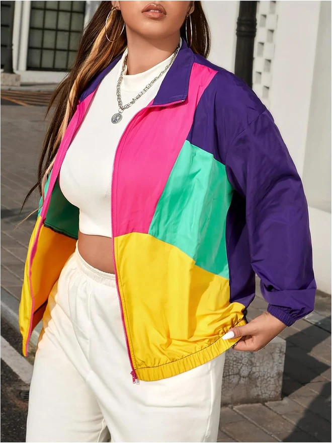 Plus Size Zip Up Casual Lightweight Color Block Bomber Jacket by OYOANGLE, photograph 3 of 4