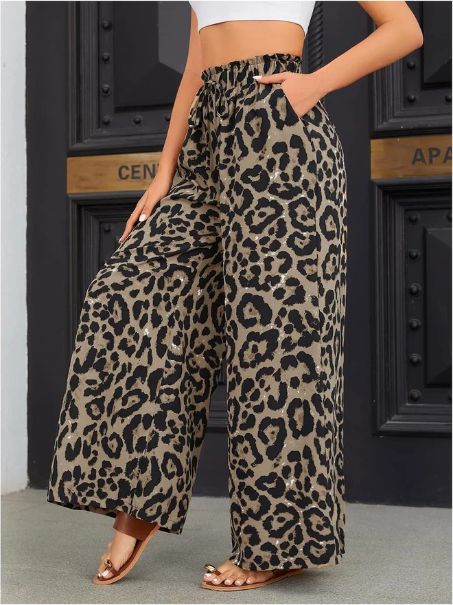 Leopard Print Elastic High Waist Wide Leg Pants by OYOANGLE, photograph 2 of 3