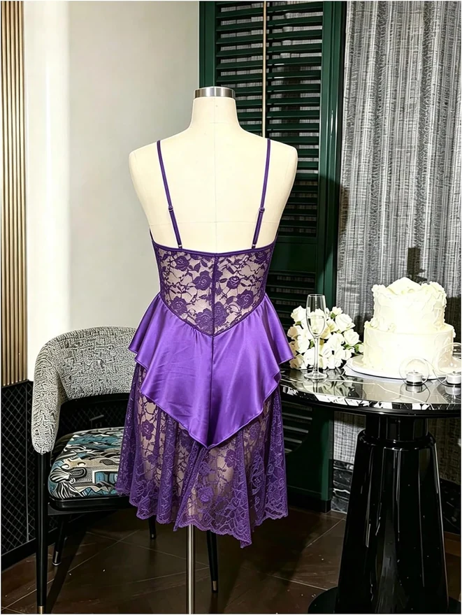 3D Floral Satin Lace Nightgowns Ruffle Silk Slip Dress by OYOANGLE, photograph 2 of 3
