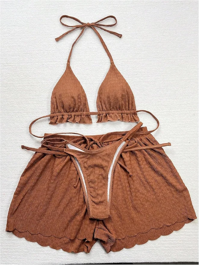 3 Piece Textured Bikini Set Ruffle Triangle Thong Swimsuit by OYOANGLE, photograph 2 of 4