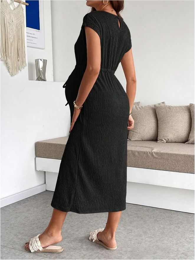 Maternity Summer Casual Short Sleeve Long Midi Dress Black by OYOANGLE, photograph 2 of 3