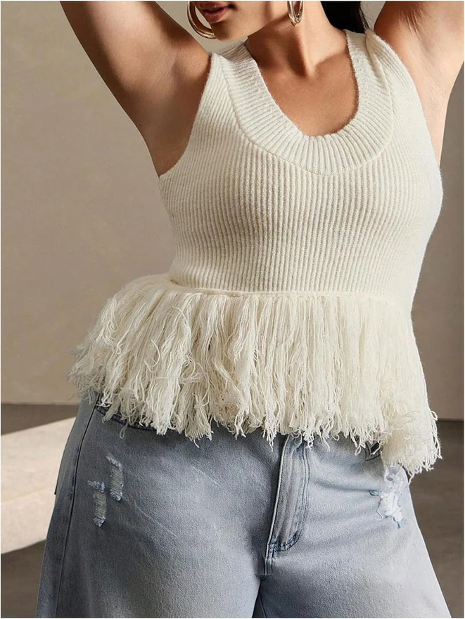 Plus Size Sweater Vest Fringe Knit Tank Top Beige by OYOANGLE, photograph 2 of 4