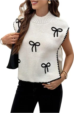 Bow Short Sleeve Sweater Side Tie Knit Pullover Top Brown in White