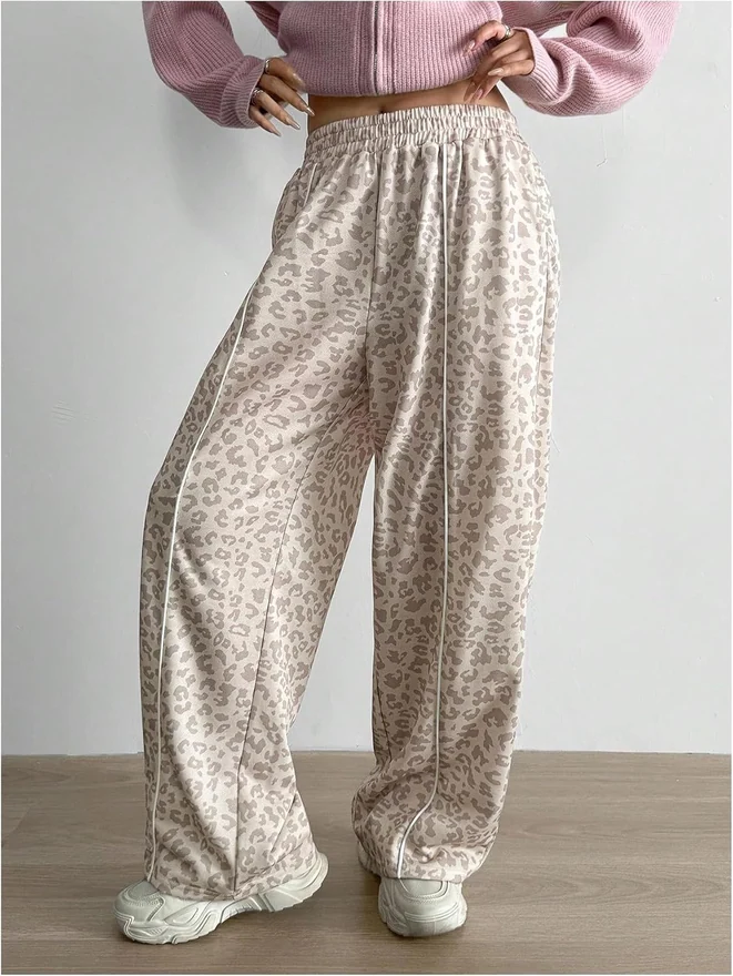 Leopard Print Sweatpants Elastic Waist Loose Straight Leg by OYOANGLE, photograph 3 of 3