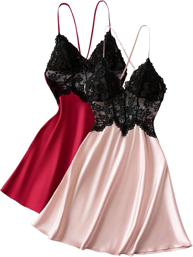 2 Pack Satin Nightgowns Lace Trim Criss Cross Spaghetti Strap by OYOANGLE