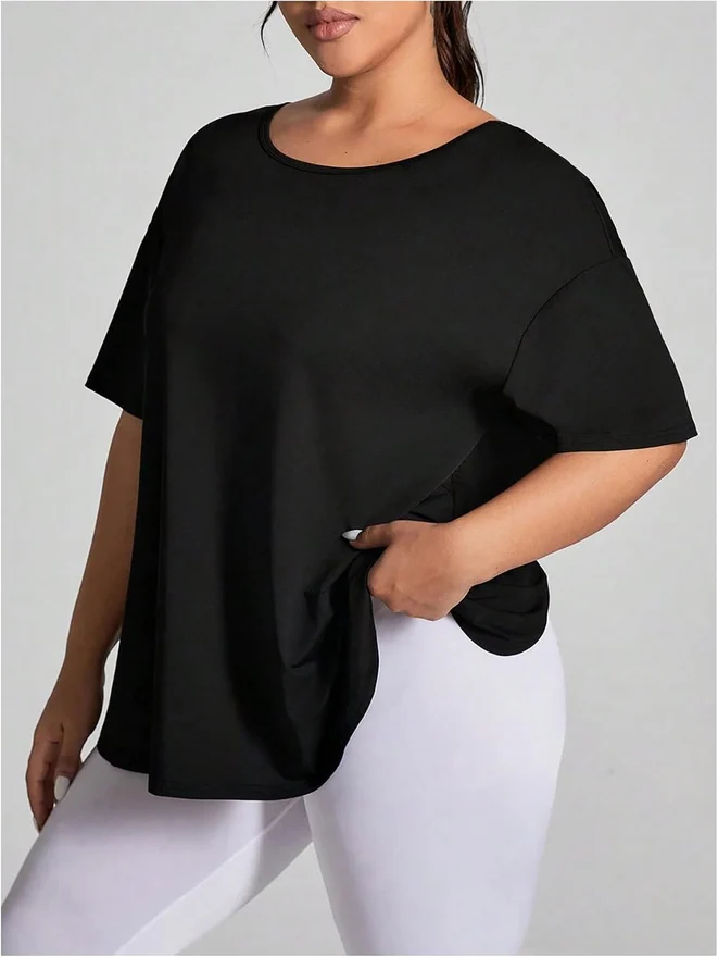 Plus Size Open Back Workout Tops for Women Athletic Tee Top by OYOANGLE, photograph 3 of 4