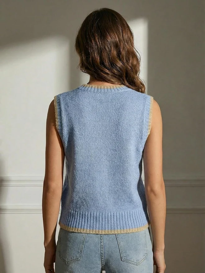 Crew Neck Sweater Vest Lightweight Tank Top Blue by OYOANGLE