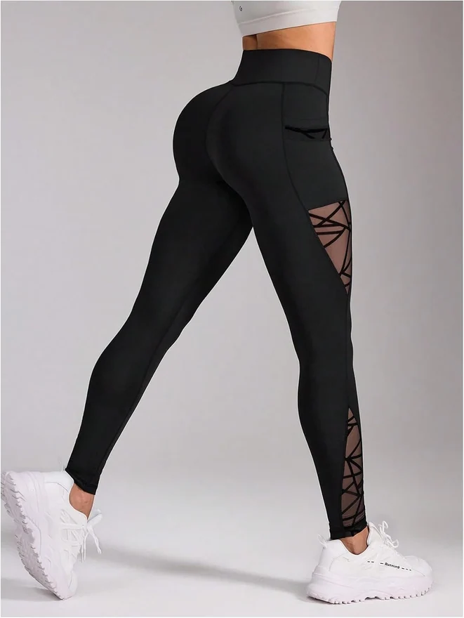 High Waisted Mesh Yoga Leggings Tummy Control Workout Athletic by OYOANGLE