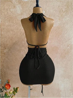 Y2K Halter Ring Linked Ruched Bodycon Mini Night Out Dress in Black