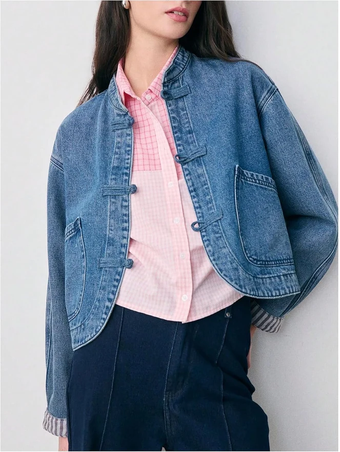 Y2k Cropped Jean Jacket Oversized Fall Autumn Denim Jacket by OYOANGLE, photograph 4 of 4