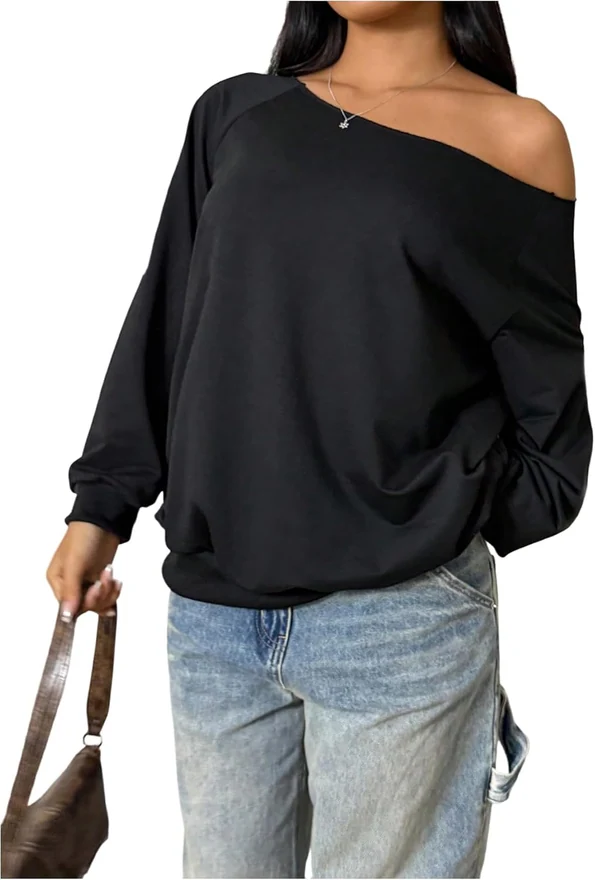 Plus Size Off The Shoulder Long Sleeve Sweatshirt Pullover by OYOANGLE