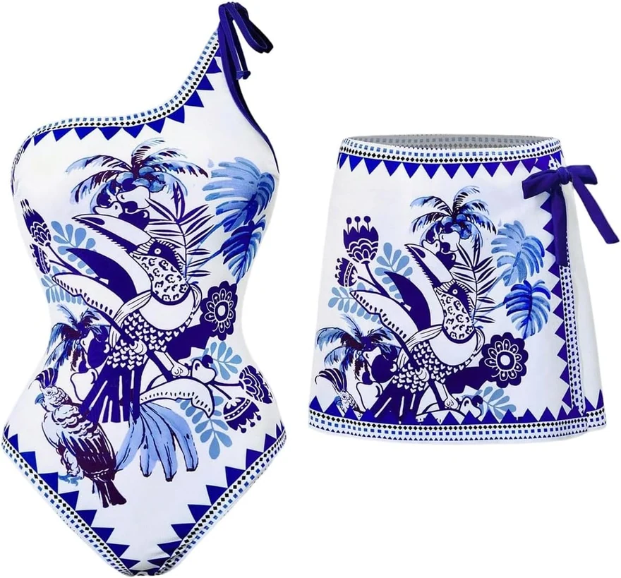 Graphic One Shoulder One Piece Swimsuit with Cover Up by OYOANGLE
