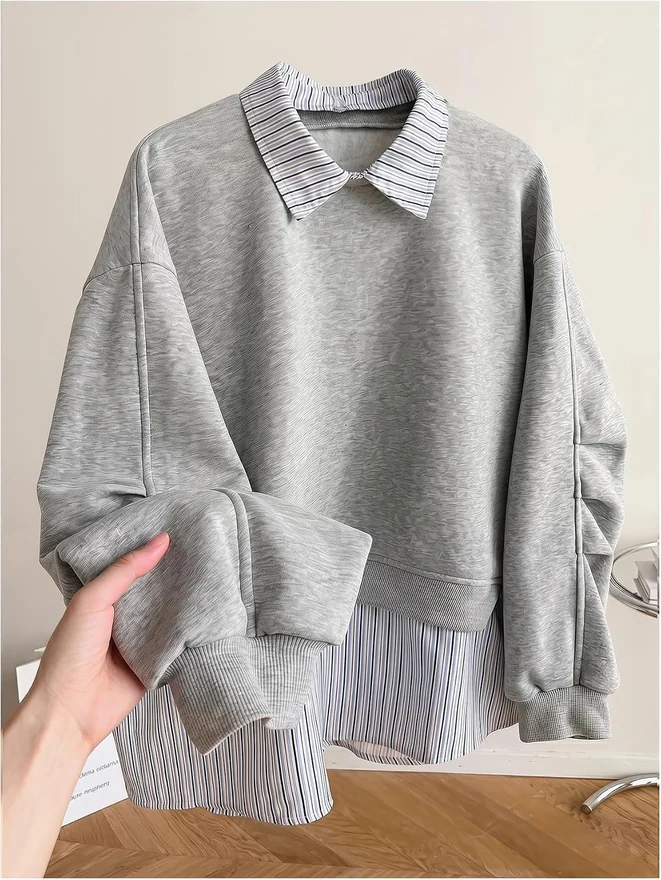 Striped Sweatshirt Oversized Ruched Casual Pullover Tops by OYOANGLE, photograph 4 of 4
