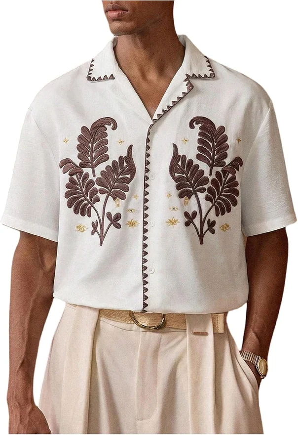 Cuban Shirt Graphic Embroidered Button Down Shirts Short Sleeve by OYOANGLE