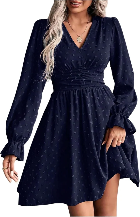 Long Sleeve Swiss Dots Ruffle Short Dresses Dark Blue by OYOANGLE