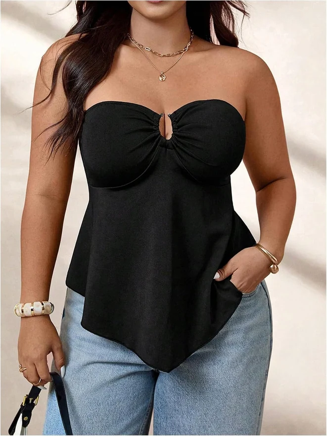 Plus Size Strapless Ruffle Tube Top Black by OYOANGLE, photograph 3 of 4