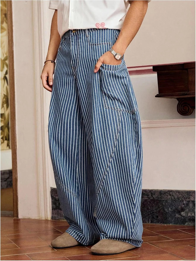 Striped Baggy Jeans Loose Wide Leg Y2K Denim Pants Blue by OYOANGLE, photograph 3 of 3