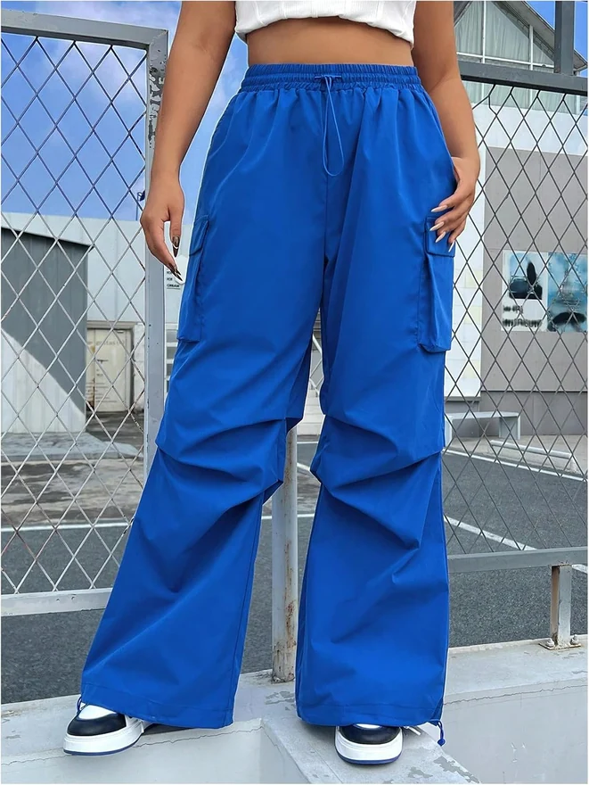 Plus Size Drawstring Waist Wide Leg Cargo Pants Blue by OYOANGLE, photograph 3 of 3
