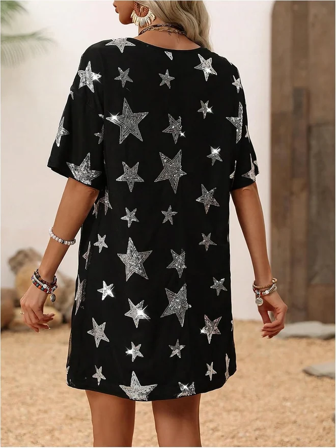 Sequin Star Sparkly Summer Short Sleeve Dress Concert Outfit by OYOANGLE, photograph 2 of 3