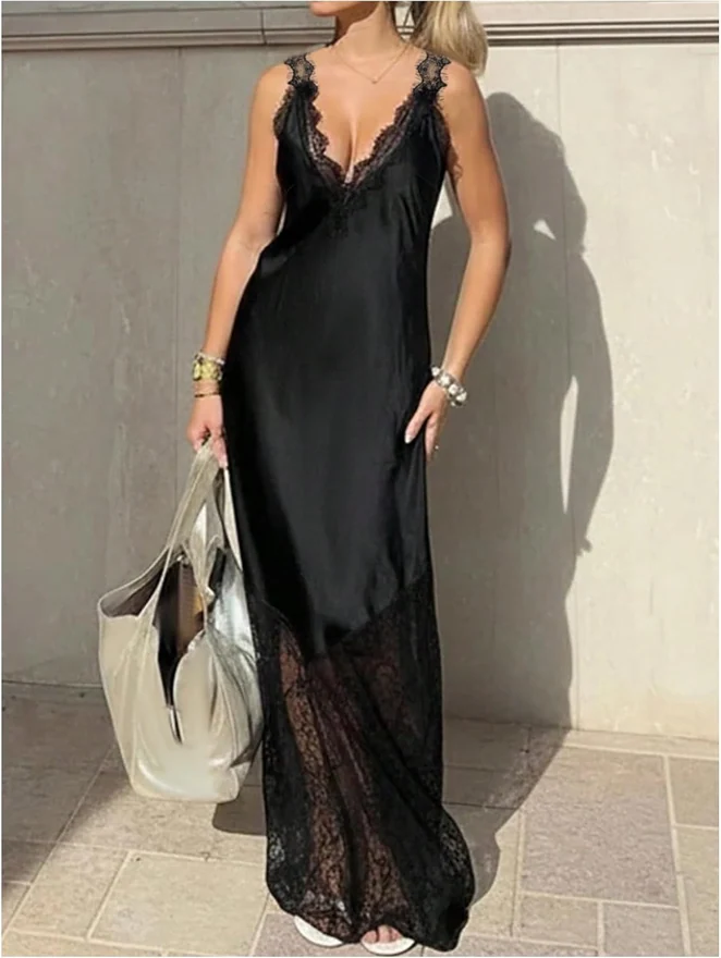 Satin Lace Trim Maxi Dress Deep V Neck Backless Gown Black by OYOANGLE