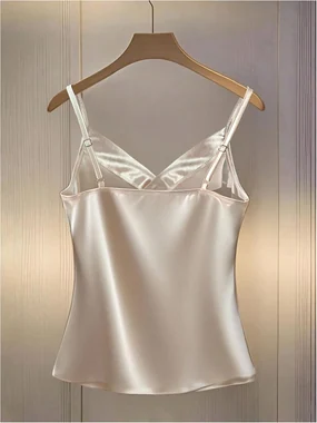 Silk Satin Wrap Tank Top Fitted Dressy Work Camisole Tops in Apricot