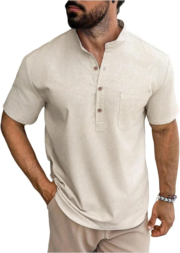 Short Sleeve Half Button Henley Shirt Pocket Patched Casual by OYOANGLE