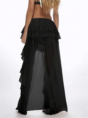 Boho Layered Ruffle Chiffon Y2K Elastic Cowgirl Maxi Skirt in Black