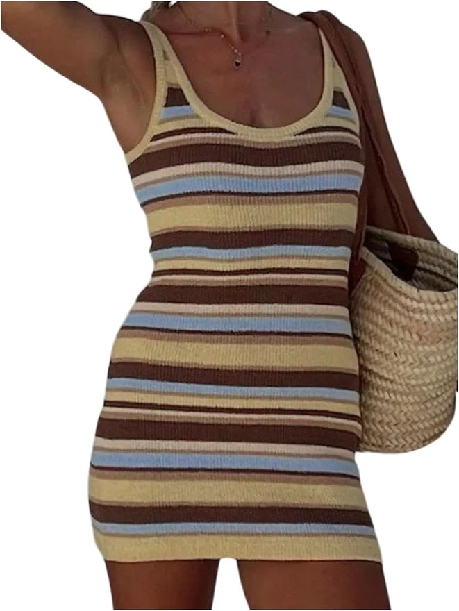 Striped Mini Dress Y2K Crochet Knit Dress Sweater Dress by OYOANGLE