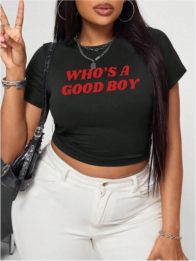 Plus Size Letter Graphic Short Sleeve Crop Tops Black by OYOANGLE, photograph 2 of 3