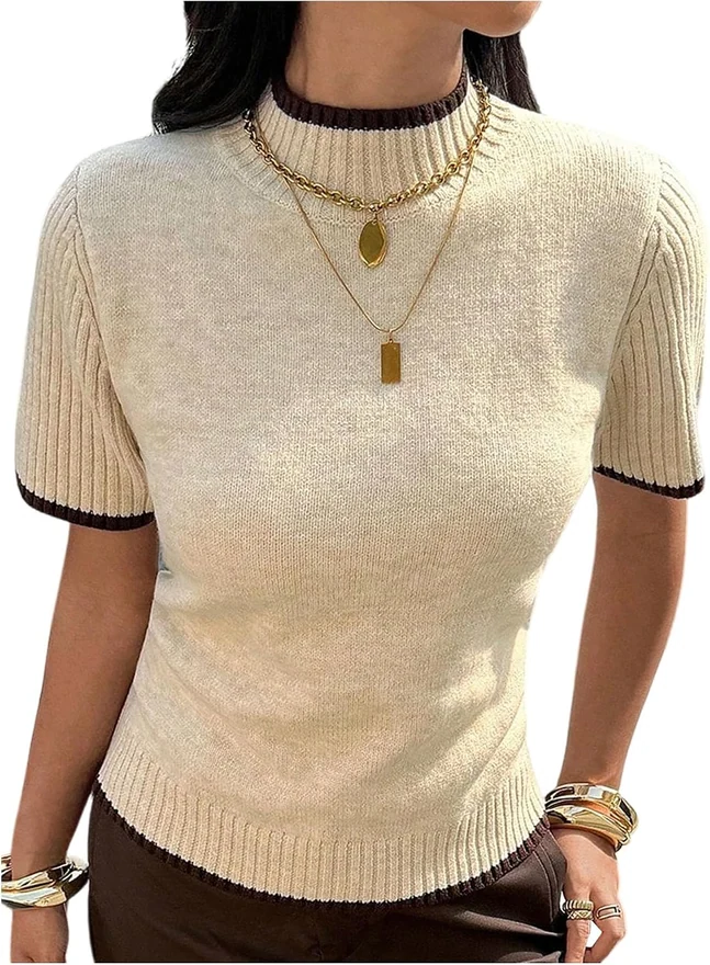 Mock Neck Short Sleeve Sweater Dressy Pullover Knit Tops by OYOANGLE