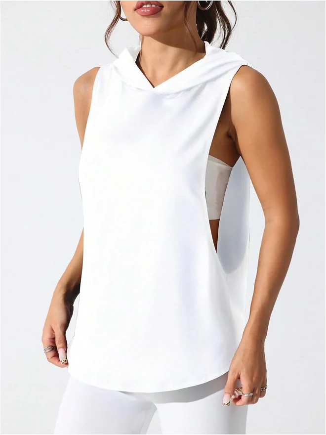 Workout Top Hooded Tank Graphic Print Gym Yoga Shirt White by OYOANGLE