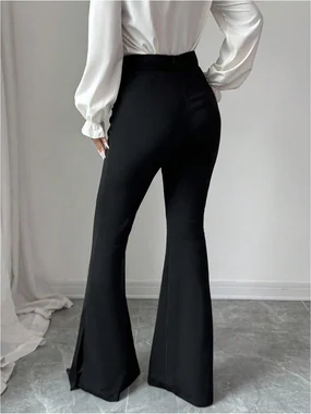 High Waisted Flared Dressy Pants Side Slit Trousers Black in Black