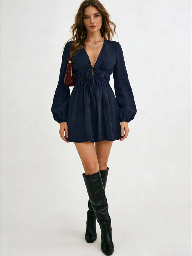 Deep V Neck Ruched Flared Dress Tie Front Lantern Sleeve Ruffle by OYOANGLE, photograph 3 of 3