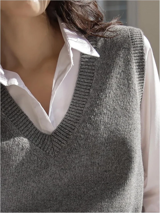 V Neck Sweater Vest Basic Solid Preppy Style Sleeveless Pullover by OYOANGLE, photograph 4 of 4