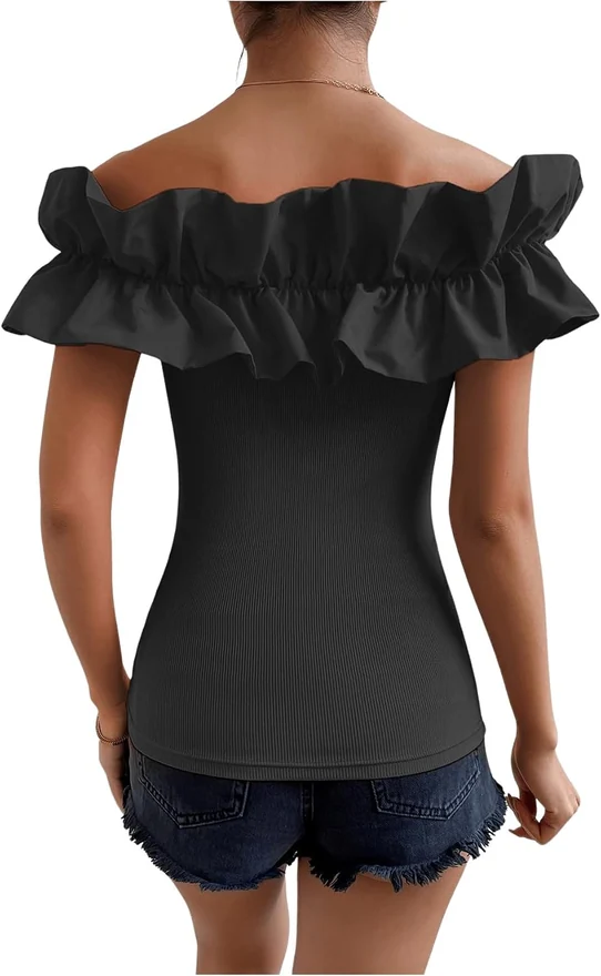 Ruffle Trim Off Shoulder Long Sleeve Blouse Party Tops Shirt by OYOANGLE, photograph 2 of 4