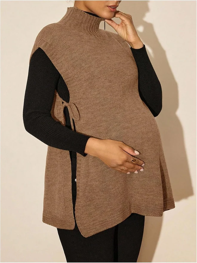 Maternity Sweater Vest Elegant Sleeveless Mock Neck Tie Side by OYOANGLE, photograph 4 of 4