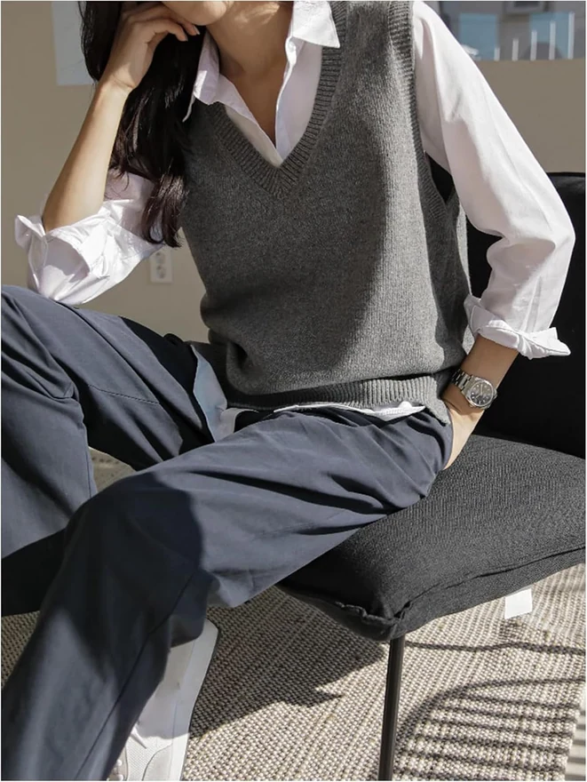 V Neck Sweater Vest Basic Solid Preppy Style Sleeveless Pullover by OYOANGLE, photograph 3 of 4