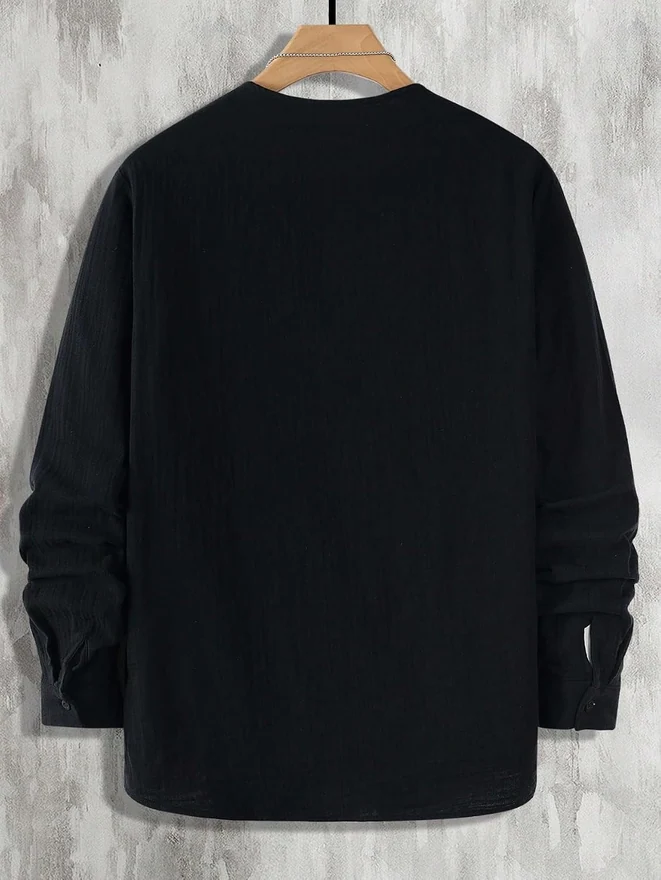 Long Sleeve Button Down Shirts Crew Neck Basic Solid Shirt by OYOANGLE, photograph 2 of 4