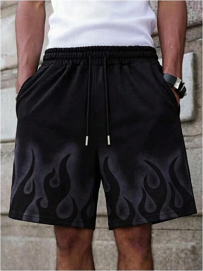 Flame Graphic Track Shorts Y2K Elastic Drawstring Waist Workout by OYOANGLE