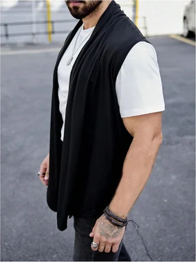 Sleeveless Cardigan Open Front Draped Collar Vest in Black