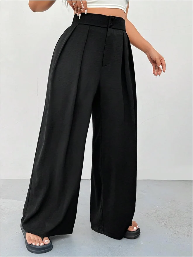 Plus Size High Waisted Wide Leg Work Dressy Pants Black by OYOANGLE
