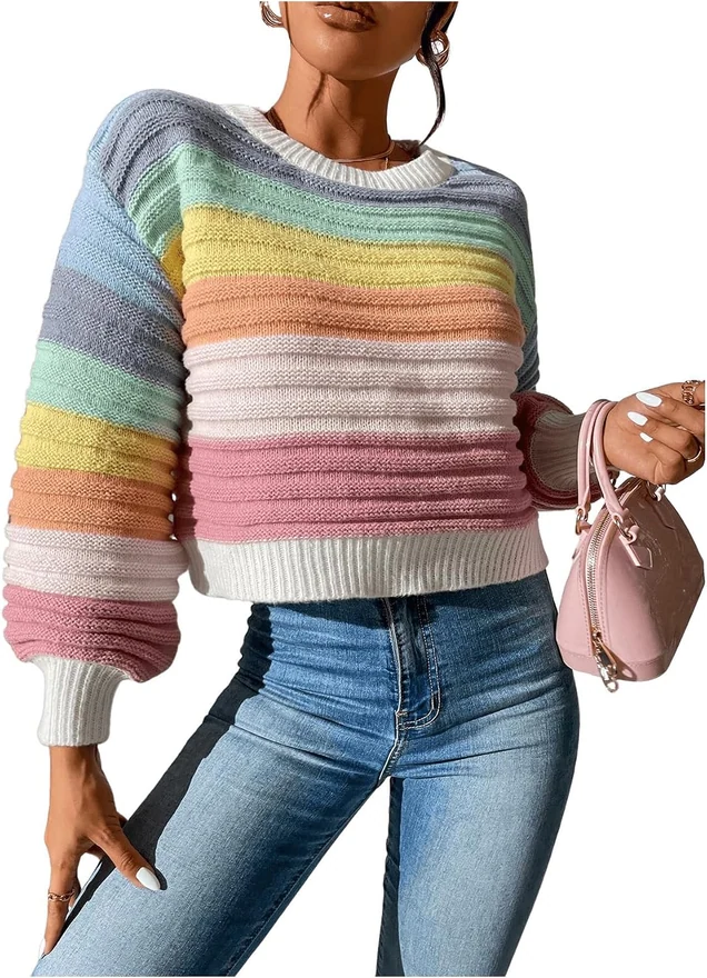 Lantern Long Sleeve Sweater Drop Shoulder Pullover by OYOANGLE