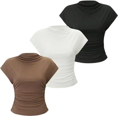 3 Pack Business Casual Outfits Mock Neck Ribbed Tank Tops in Black White Brown