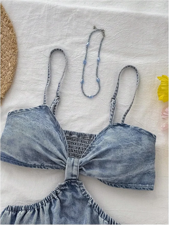Cut Out Denim Dress Spaghetti Strap Short Jean Dresses by OYOANGLE, photograph 4 of 4